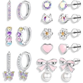 THUNARAZ Hypoallergenic Screw Back Earrings for Girls Women Surgical Stainless Steel Screwback Earrings Huggie Hoop Stud Earrings for Sensitive Ear Cute Heart Flower Bow Pearl Drop Dangle Earrings 20G Suitable for Ages 3 and Above