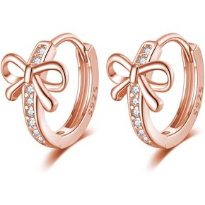 Reffeer Solid 925 Sterling Silver CZ Bow Hoop Earrings Ribbon for Women Teens Bowknot Hoop Earrings Huggie