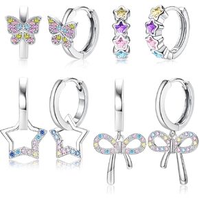BESTEEL 4 Pairs Hypoallergenic Huggie Hoop Earrings for Girls Women Silver Small Dangle Hoop Earrings Bow Earrings Tiny Cute CZ Heart Butterfly Earrings Set Pink Colorful Star Earrings for Sensitive Ears(over 3 years old)