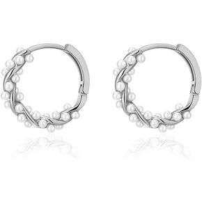 SLUYNZ 925 Sterling Silver Pearls Twist Hoop Earrings for Women Teens Pearls Hoop Earrings Wedding Bridal Earrings