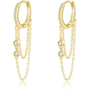 Reffeer 925 Sterling Silver Chain Drop Earrings Hoop for Women Teens CZ Hoop Chain Earrings Dangle