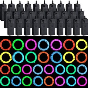 30 Set EL Wire Portable Neon Light with Strip 6.6 ft Cuttable Glowing LED Rope Lights Battery Powered Electroluminescent Wire for Glow in The Dark Costume DIY Halloween Party Decor, 10 Colors