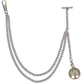 ManChDa Albert Chain Pocket Watch, T-bar Chain with Life Tree Pendant, Curb Link Chain 2 Hook Antique Fob T Bar for Men