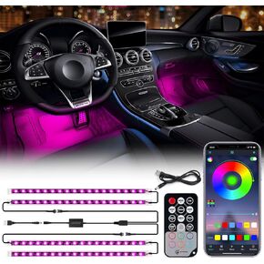 Xprite RGB LED Car Interior Bluetooth Light Strips w/Remote & Control Box, Silicone Sealed, Under Dash Footwell Lights Kit w/Cigarette Adapter for Vehicle Internal SUV Truck - 4 PCS