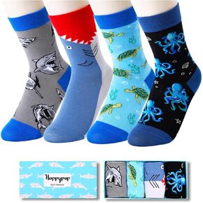 HAPPYPOP Silly Socks for Kids - Shark Gifts Adult 4 Pack, Octopus Turtle Socks for Teen Boys 4-18 Years