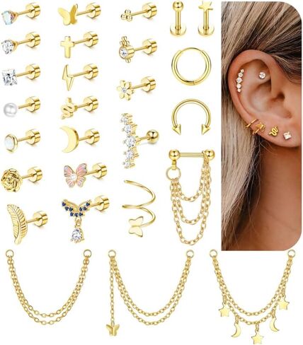 27 Pcs Flat Back Earrings Hypoallergenic Surgical Steel Cartilage Stud Earring Stacks Set for Mutiple Piercing Dainty Chain Dangle Conch Tragus Daith Helix Piercing Jewelry for Women Men Trendy 16G in Kuwait