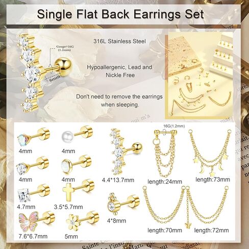 27 Pcs Flat Back Earrings Hypoallergenic Surgical Steel Cartilage Stud Earring Stacks Set for Mutiple Piercing Dainty Chain Dangle Conch Tragus Daith Helix Piercing Jewelry for Women Men Trendy 16G in Kuwait