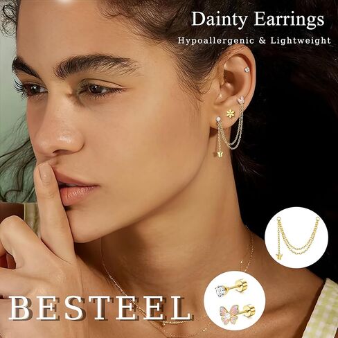 27 Pcs Flat Back Earrings Hypoallergenic Surgical Steel Cartilage Stud Earring Stacks Set for Mutiple Piercing Dainty Chain Dangle Conch Tragus Daith Helix Piercing Jewelry for Women Men Trendy 16G in Kuwait