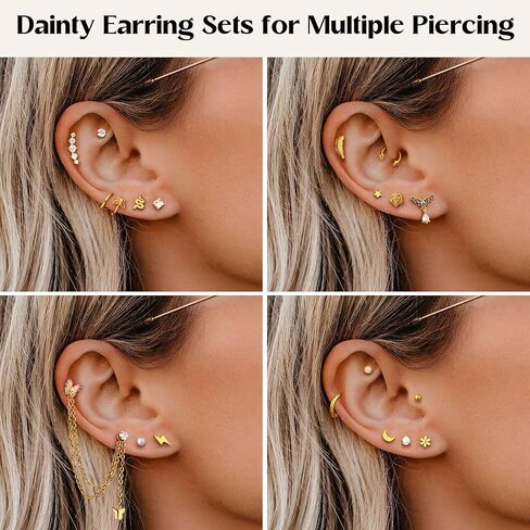 27 Pcs Flat Back Earrings Hypoallergenic Surgical Steel Cartilage Stud Earring Stacks Set for Mutiple Piercing Dainty Chain Dangle Conch Tragus Daith Helix Piercing Jewelry for Women Men Trendy 16G in Kuwait