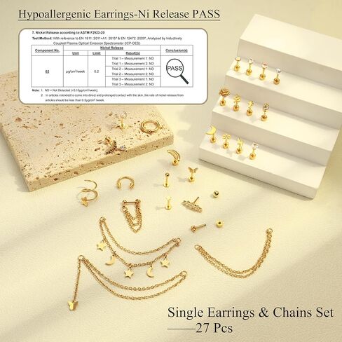 27 Pcs Flat Back Earrings Hypoallergenic Surgical Steel Cartilage Stud Earring Stacks Set for Mutiple Piercing Dainty Chain Dangle Conch Tragus Daith Helix Piercing Jewelry for Women Men Trendy 16G in Kuwait