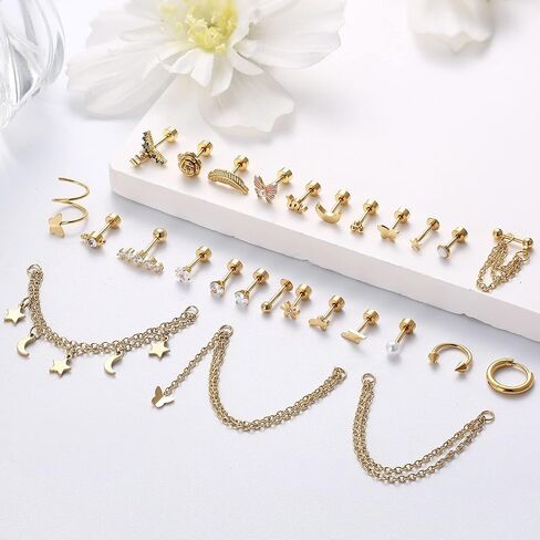 27 Pcs Flat Back Earrings Hypoallergenic Surgical Steel Cartilage Stud Earring Stacks Set for Mutiple Piercing Dainty Chain Dangle Conch Tragus Daith Helix Piercing Jewelry for Women Men Trendy 16G in Kuwait