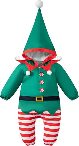 Toddler Baby Boys Girls Santa Outfit Christmas Elf Costume Rompers Infant Hooded Jumpsuit in Kuwait