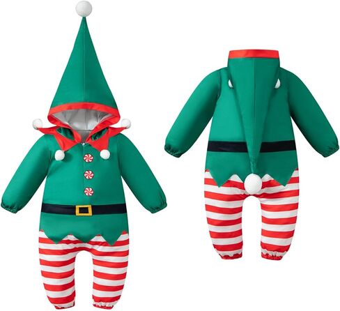 Toddler Baby Boys Girls Santa Outfit Christmas Elf Costume Rompers Infant Hooded Jumpsuit in Kuwait