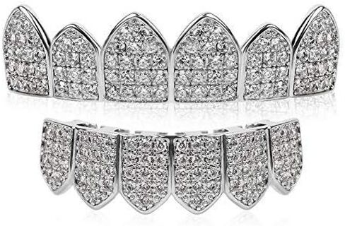 مجموعة أسنان Gold Grillz CZ Diamonds Grillz مطلية بالذهب عيار 24 قيراطًا من أعلى وأسفل شواية الهيب هوب بلينغ مثلج خارج Grillz للابن + قضبان صب إضافية + قماش من الألياف الدقيقة in Kuwait