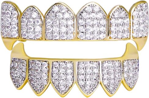 مجموعة أسنان Gold Grillz CZ Diamonds Grillz مطلية بالذهب عيار 24 قيراطًا من أعلى وأسفل شواية الهيب هوب بلينغ مثلج خارج Grillz للابن + قضبان صب إضافية + قماش من الألياف الدقيقة in Kuwait