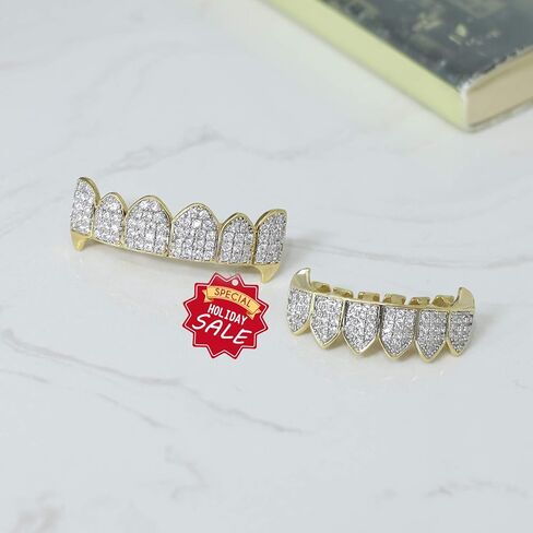 مجموعة أسنان Gold Grillz CZ Diamonds Grillz مطلية بالذهب عيار 24 قيراطًا من أعلى وأسفل شواية الهيب هوب بلينغ مثلج خارج Grillz للابن + قضبان صب إضافية + قماش من الألياف الدقيقة in Kuwait