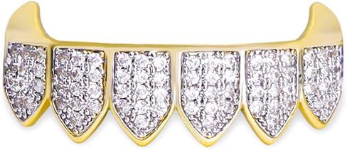 مجموعة أسنان Gold Grillz CZ Diamonds Grillz مطلية بالذهب عيار 24 قيراطًا من أعلى وأسفل شواية الهيب هوب بلينغ مثلج خارج Grillz للابن + قضبان صب إضافية + قماش من الألياف الدقيقة in Kuwait