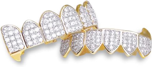 مجموعة أسنان Gold Grillz CZ Diamonds Grillz مطلية بالذهب عيار 24 قيراطًا من أعلى وأسفل شواية الهيب هوب بلينغ مثلج خارج Grillz للابن + قضبان صب إضافية + قماش من الألياف الدقيقة in Kuwait