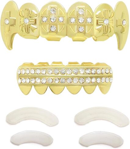 مجموعة أسنان Gold Grillz CZ Diamonds Grillz مطلية بالذهب عيار 24 قيراطًا من أعلى وأسفل شواية الهيب هوب بلينغ مثلج خارج Grillz للابن + قضبان صب إضافية + قماش من الألياف الدقيقة in Kuwait