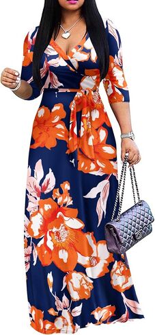 FANDEE Plus Size Maxi Dress for Women Casual Summer Sundress V-Neck 3/4 Sleeve in Saudi Arabia