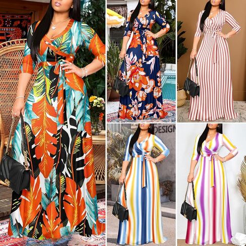 FANDEE Plus Size Maxi Dress for Women Casual Summer Sundress V-Neck 3/4 Sleeve in Saudi Arabia