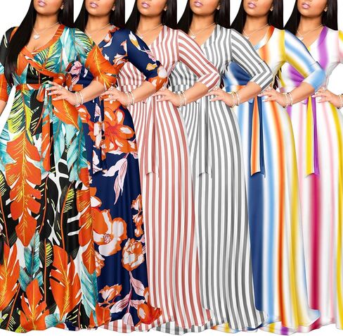 FANDEE Plus Size Maxi Dress for Women Casual Summer Sundress V-Neck 3/4 Sleeve in Saudi Arabia