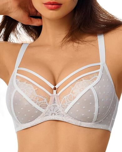 Sexy Lace Bras for Women See Through Unlined Underwire Push Up Bralettes Sheer with Dot Mesh Bra 34B-40E in Kuwait