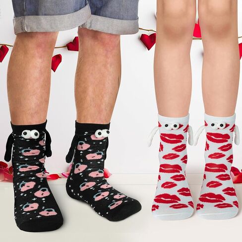 Valentine's Day Holding Hands Socks - 2 Pairs Funny Magnetic Hand in Hand Couple Socks Black White Hold Hands Friendship Magnet Socks for Kids Adult Women Men Valentine’s Day Exchange Gifts in Kuwait