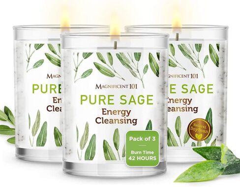 Magnificent 101 Set of 3 Long Lasting Pure Sage Smudge Candles | 42 Hour Burn - 3.5 Oz Each | Made of Soy Wax Candle for House Energy Cleansing, Meditation & Manifestation in Kuwait
