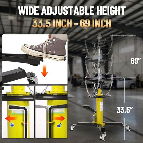 2-Plunger Transmission Jack, 1322 LBS (3/5 Ton) Capacity 33.5"- 69" High Lifting Height, 2-Stage Hydraulic Telescopic Jack, Heavy Duty Floor Jack w/Foot Pedal, 360° Swivel Wheel, Yellow in Saudi Arabia
