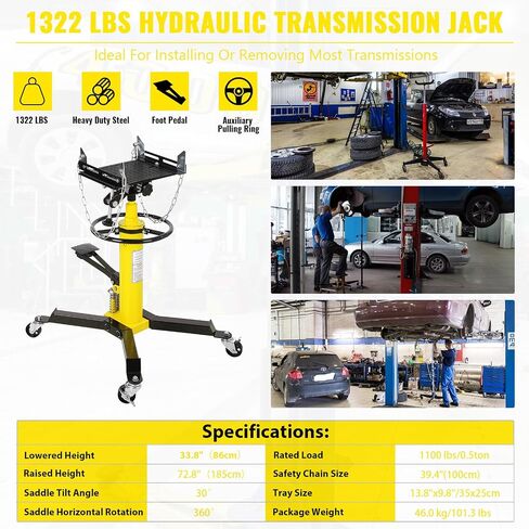 Hydraulic Transmission Jack - 1322lbs Capacity, 33.5"-72.8" High Lift, Dual Plunger 2-Stage Telescoping, Non-Slip Pad, Foot Pedal & 360° Swivel Wheels，Yellow in Saudi Arabia