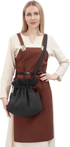 FURPHI Medieval Drawstring Bag Canvas Shoulder Bag with Side Pakets Waist Pouch Costume Accessories for Festival LARP (Black) in Kuwait