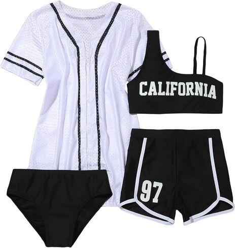SOLY HUX Girl's 4 Piece Swimsuits Letter Print Bikini Bathing Suit with Shorts and Cover Up in Saudi Arabia