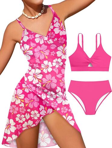 Girls Swimsuits 3 Piece Tropical Print Bathing Suits Twist Cross Bikini Set with Backless Wrap Dress Cover Up in Saudi Arabia