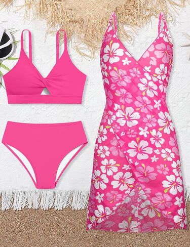 Girls Swimsuits 3 Piece Tropical Print Bathing Suits Twist Cross Bikini Set with Backless Wrap Dress Cover Up in Saudi Arabia