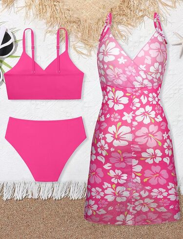 Girls Swimsuits 3 Piece Tropical Print Bathing Suits Twist Cross Bikini Set with Backless Wrap Dress Cover Up in Saudi Arabia