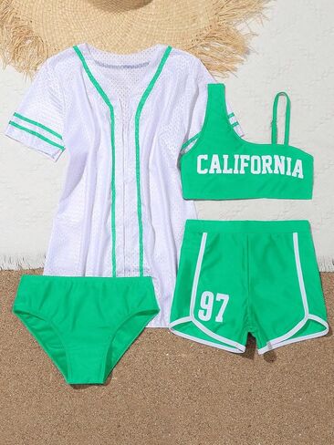SOLY HUX Girl's 4 Piece Swimsuits Letter Print Bikini Bathing Suit with Shorts and Cover Up in Saudi Arabia
