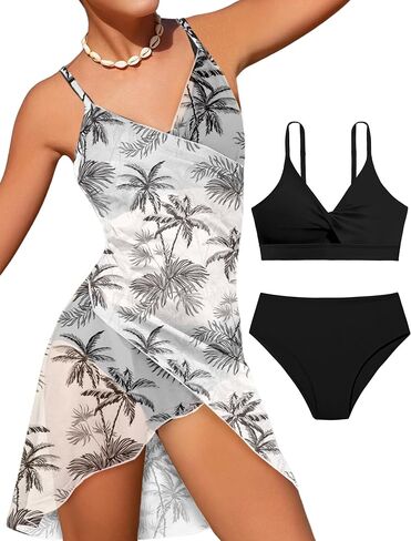 Girls Swimsuits 3 Piece Tropical Print Bathing Suits Twist Cross Bikini Set with Backless Wrap Dress Cover Up in Saudi Arabia