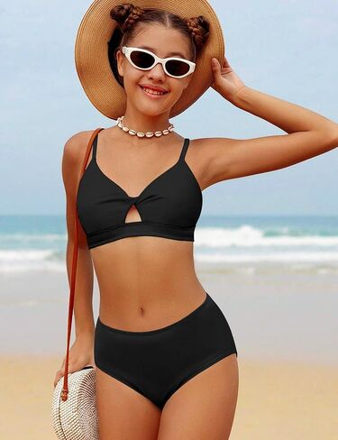 Girls Swimsuits 3 Piece Tropical Print Bathing Suits Twist Cross Bikini Set with Backless Wrap Dress Cover Up in Saudi Arabia