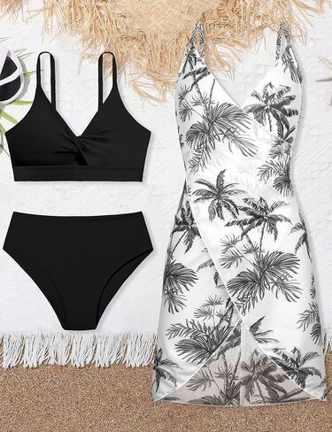 Girls Swimsuits 3 Piece Tropical Print Bathing Suits Twist Cross Bikini Set with Backless Wrap Dress Cover Up in Saudi Arabia