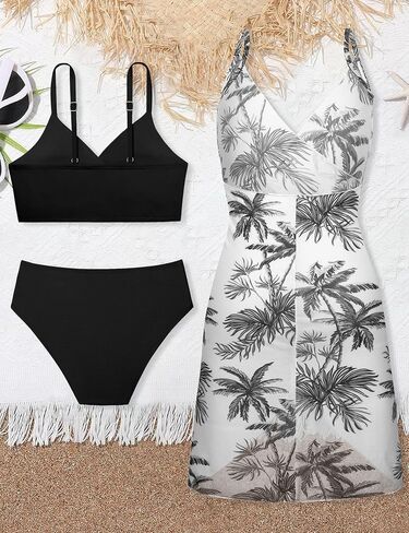 Girls Swimsuits 3 Piece Tropical Print Bathing Suits Twist Cross Bikini Set with Backless Wrap Dress Cover Up in Saudi Arabia