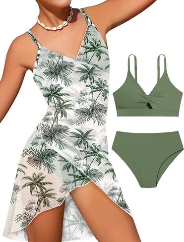 Girls Swimsuits 3 Piece Tropical Print Bathing Suits Twist Cross Bikini Set with Backless Wrap Dress Cover Up in Saudi Arabia