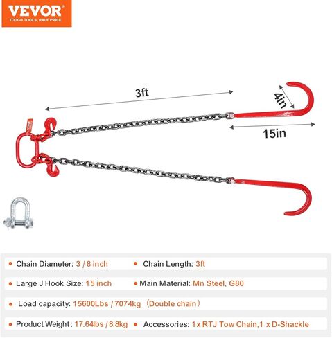 VEVOR G80 V Bridle Chain, 3/8" x 3' Towing Chain Bridle with 15" J Hooks and Grab Hooks, Heavy Duty Transport Tow Chain Bridle with 7800 lbs Safe Working Load for Flatbed Trailer Wrecker Recovery in Saudi Arabia