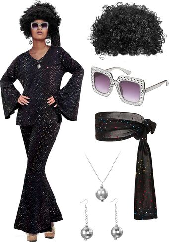 Jexine Halloween 70s Women Disco زي مجموعة ديسكو حزب أعلى السراويل النظارات الشمسية الكرة قلادة القرط شعر مستعار in Saudi Arabia