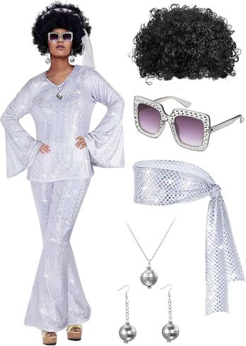 Jexine Halloween 70s Women Disco زي مجموعة ديسكو حزب أعلى السراويل النظارات الشمسية الكرة قلادة القرط شعر مستعار in Saudi Arabia