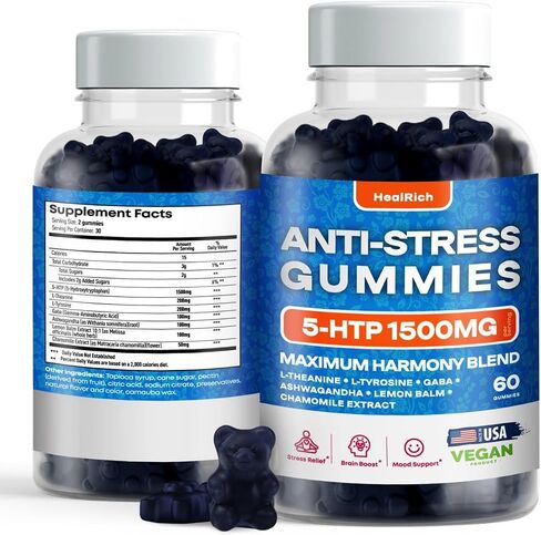 علكات تخفيف التوتر - 1500 مجم 5HTP مع L-Theanine Gaba وL-Tyrosine - مكمل عشبي أشواغاندا يدعم اليقظة الفكرية، مكملات نباتية لتعزيز مزاج الدماغ للأطفال والكبار، صُنعت في الولايات المتحدة الأمريكية in Saudi Arabia