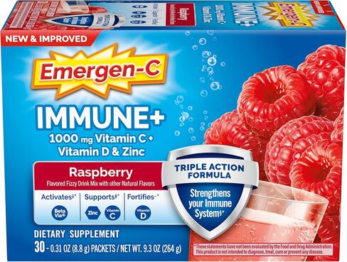 Emergen-C Immune+ Triple Action Immune Support Powder, BetaVia (R), 1000mg Vitamin C, B Vitamins, Vitamin D and Antioxidants, Raspberry – 30 Count in Kuwait