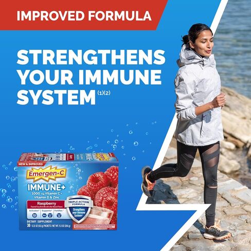 Emergen-C Immune+ Triple Action Immune Support Powder, BetaVia (R), 1000mg Vitamin C, B Vitamins, Vitamin D and Antioxidants, Raspberry – 30 Count in Kuwait