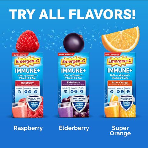 Emergen-C Immune+ Triple Action Immune Support Powder, BetaVia (R), 1000mg Vitamin C, B Vitamins, Vitamin D and Antioxidants, Raspberry – 30 Count in Kuwait