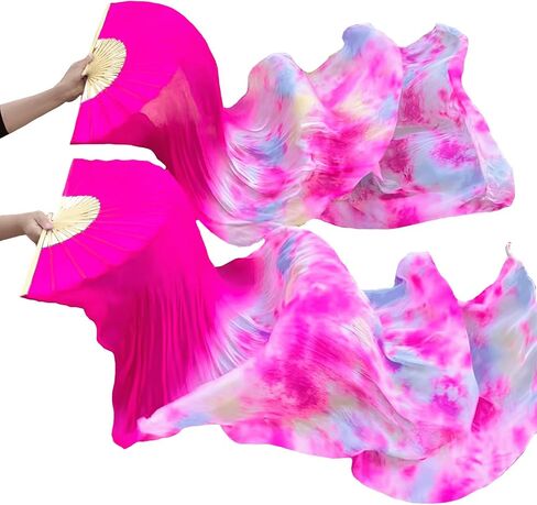 Aumulen Women 1 Pair (Left+Right) Real Silk Belly Dance Fan Veils Hand Made Colorful Tie-Dyed Dance Fans in Kuwait